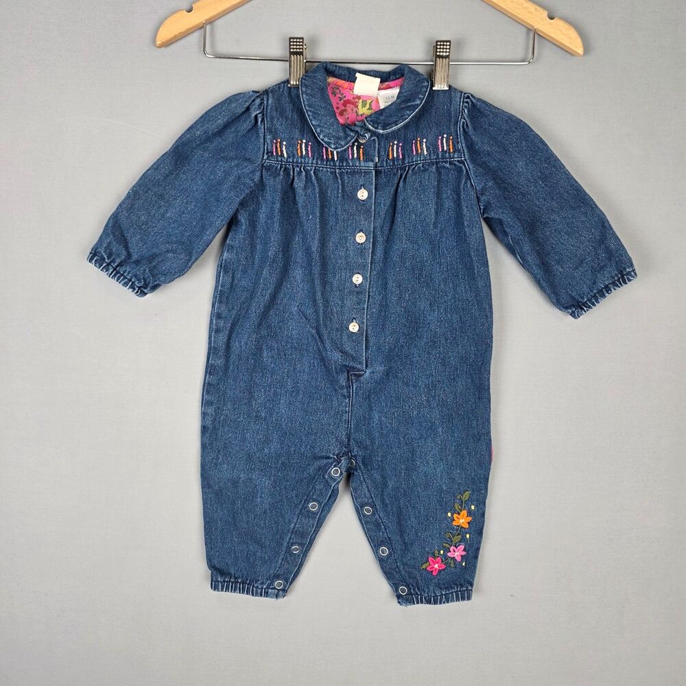 Vintage Denim Embroidered Onesie 12 mths Cherokee Baby Long Sleeve 100% Cotton